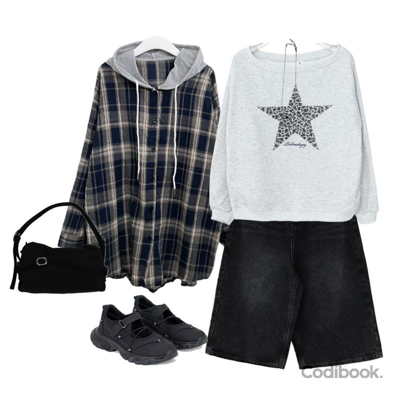 AAKE (*) BEADS NECKLACE (black),J-BLIN 던티 데님 워싱 버뮤다 팬츠,E-PICK 레오파드 스타 긴팔 티셔츠등을 매치한 코디