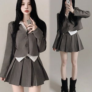 머플러+ 크롭 자켓 + 플리츠 미니스커트 쓰리피스 세트 3color