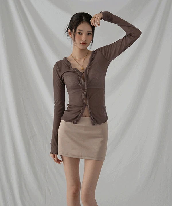 오브 데일리 슬림 시스루 브이넥 러플 롱슬리브 긴팔 티셔츠 탑 가디건(블랙,모카,화이트)