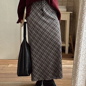 Liette Fall Check Banding String Chiffon H-Line Maxi Long Skirt