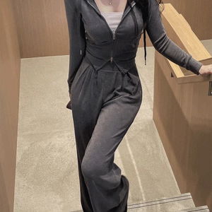 (몸매보정/투피스SET) 제이닌 슬림핏 크롭 투웨이 후드집업 + 트레이닝 와이드 팬츠 투피스 세트