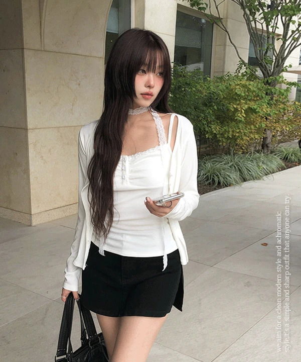 Lenu Cardigan Shirring Button Sleeveless Set