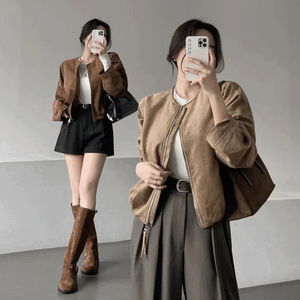 가나다란 컨피던 노카라 라운드넥 테슬 지퍼 포켓 시보리 스웨이드 자켓 2color