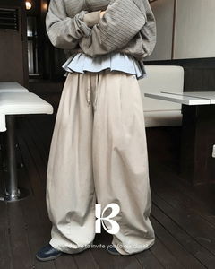 單壓褶綁帶寬褲棉褲