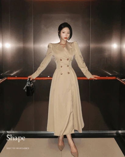 쉐입 카라넥 퍼프소매 폴딩커프스 포켓 히든단추 더블단추 허리잘록 A라인 롱 긴팔 트렌치 원피스