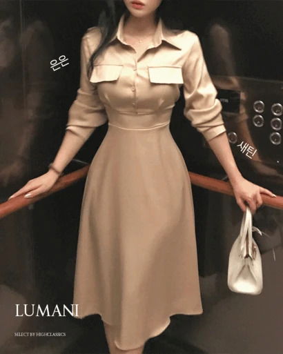 루마니 카라넥 단추 페이크포켓 커프스 밴딩 허리잘록 하객룩 긴팔 롱 원피스