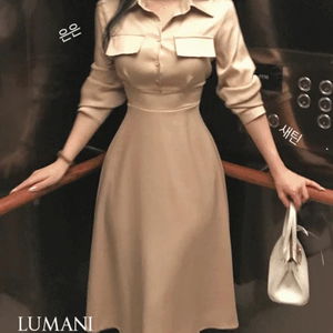 루마니 카라넥 단추 페이크포켓 커프스 밴딩 허리잘록 하객룩 긴팔 롱 원피스