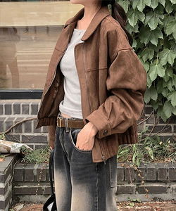 休閒寬鬆絨面拉鍊外套