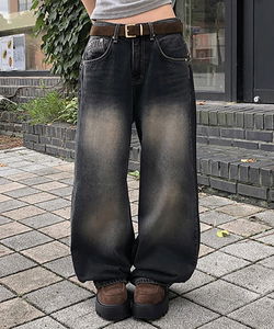 水洗雙環腰帶寬鬆丹寧長褲