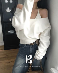 寬鬆露肩V領針織背心套裝