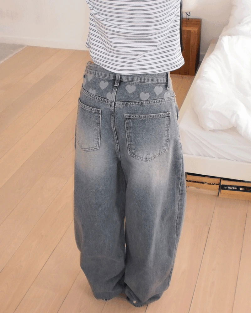 Tinta Heart Print Wide Denim Pants