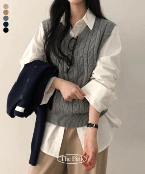 피칸 베이직 브이넥 꽈배기 니트 베스트 (5color)