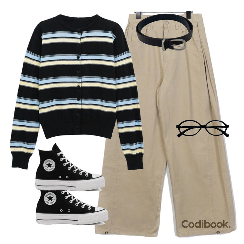 AAKE DULCET BELT (4color),anyonemore 로페 긱시크 너드 뿔테 안경 (2color),wonderwonder 퍼팅 사이드 핀턱 와이드 코튼 팬츠등을 매치한 코디