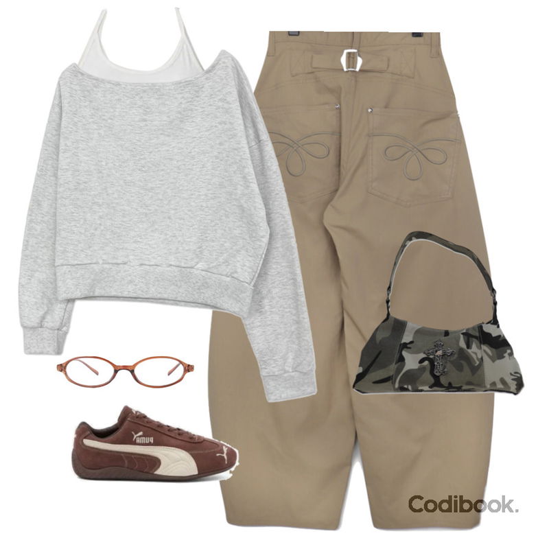 porterna 마티 너드 글라스,binary01 티로즈 - 홀터 나시,wonderwonder 무크 십자가 밀리터리 카모 숄더백등을 매치한 코디