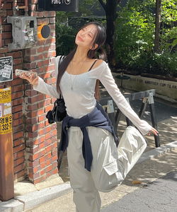 Gain U-neck see-through slim long-sleeved knitwear t-shirt