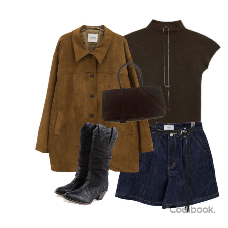 binary01 히포 써클벨트,DAILYJOU 라피트 스웨이드 하프 코트,E-PICK 335 논페이드 핀턱 코튼 반바지등을 매치한 코디