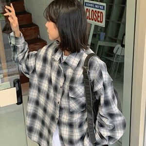 프루인 오버핏 긴소매 체크 셔츠