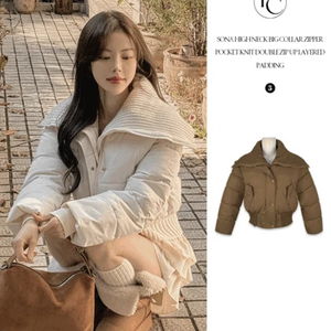 소나 하이넥 빅카라 지퍼 포켓 니트 이중집업 레이어드 패딩