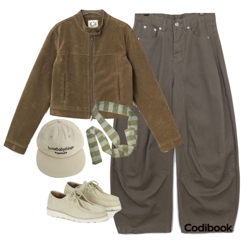 binary01 서클 투웨이 스웨이드 자켓,EEZEE Cozy Muffler MU001,moaround 띵스 레터링 자수 캠프캡 -2color등을 매치한 코디