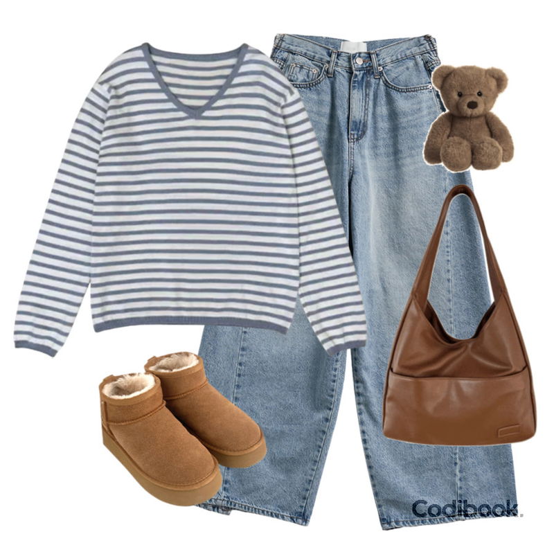 BEIDELLI 뉴욕핫템 통굽 미니 스웨이드 부츠,Dearlow 페블리 소프트 레더 데일리 숄더백,Loonough 율리 단가라 스트라이프 브이넥 긴팔 니트등을 매치한 코디