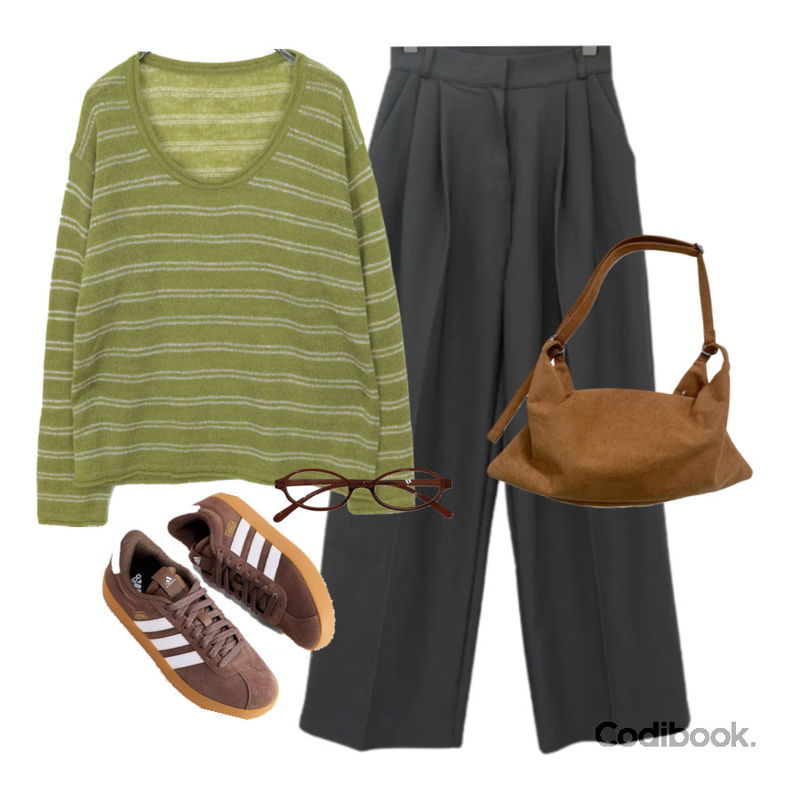 AAKE MINI OVAL GLASSES (4color),NONCODE 브안느 스웨이드 숄더 크로스백,DAILYJOU 모트 핀턱 와이드 슬랙스 팬츠 (하객룩)등을 매치한 코디