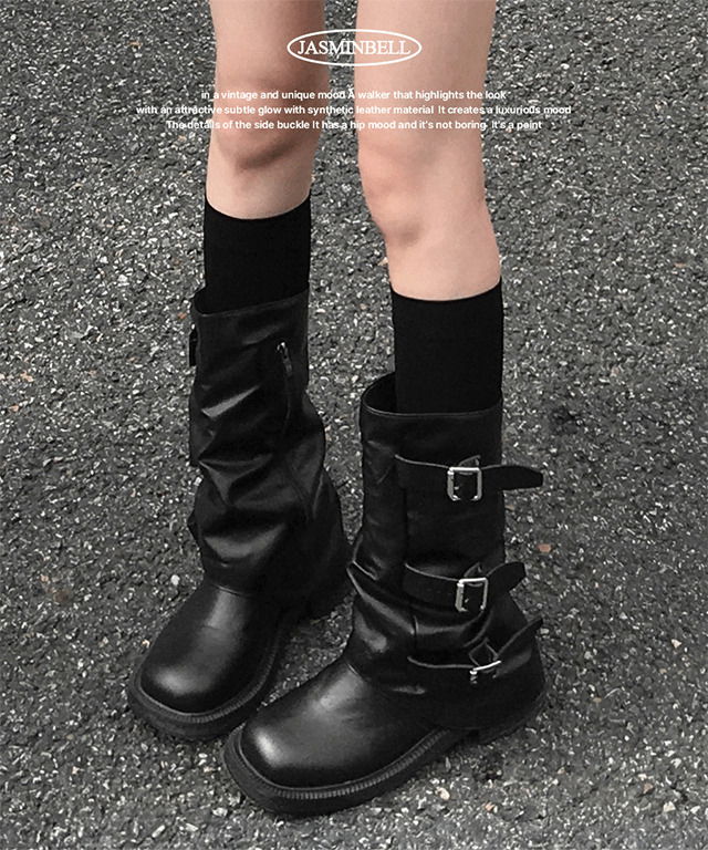Techi Round Buckle Warmer Pleated Middle Walker Leather Boots 靴子