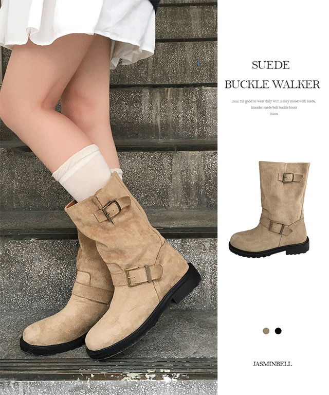 니더 스웨이드 벨트 버클 미들 부츠