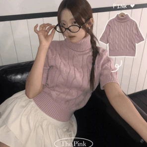 Tinted Turtleneck Twisted Short Sleeve Knitwear 