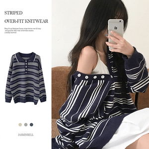 리몬 스트라이프 단가라 버튼 단추 오버핏 카라넥 긴팔 니트 루즈핏 레이어드 박시 아방핏 캐주얼