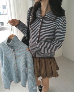 Lene Stripe Striped Button Collar Knitwear Cardigan