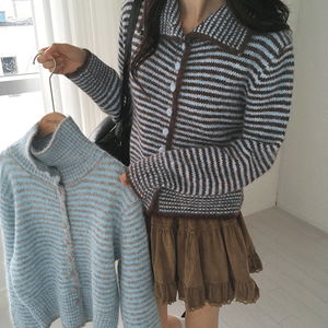 レーヌストライプボタンカラーニットカーディガン