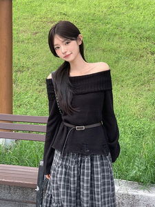 破損風格露肩針織上衣