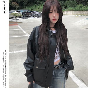 비어 포켓 박시 레더 카라 자켓