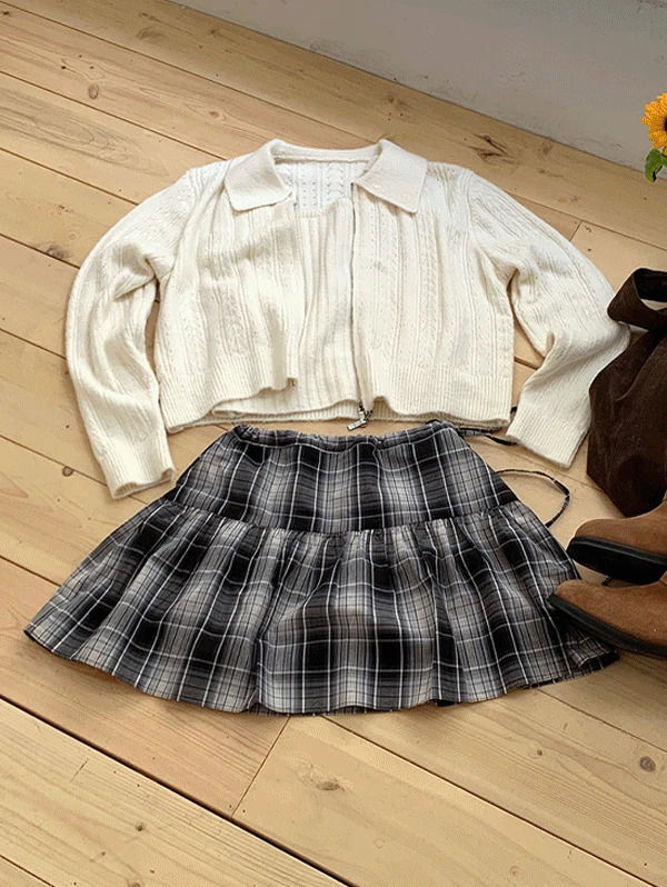 Salt Collar Wool Knitwear Zip-Up Sleeveless Cardigan Two-Piece Set - 3 Colors 套装