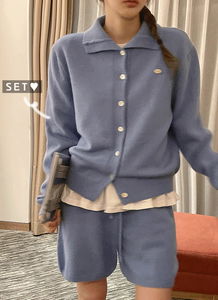 Crunchy High Neck Pendant Turtleneck Cardigan + Banded Knitwear Shorts Set (3 Colors)