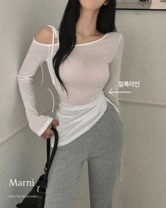 單肩設計皺褶綁帶修身彈性柔軟日常長袖上衣