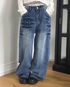 Boa Stud Eyelet Pocket Wide-Fit Faded Denim Long Pants