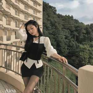 아이나 셔츠카라넥 일체형 탑 레이어드 언발 트임 핀턱 퍼프 타이 머플러 세트 셔츠 블라우스