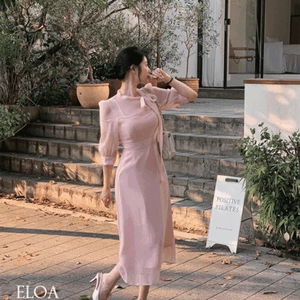 엘로아 롱/숏기장선택 타이리본 콘솔지퍼 퍼프소매 단추 일체형나시 오간자 시스루 7부 소매 원피스