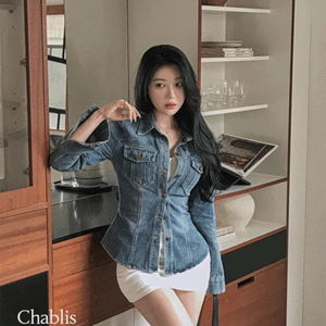 채블리 카라넥 포켓 골드버튼 허리잘록 밑단굴림 청자켓 베이직 데일리 데님 셔츠