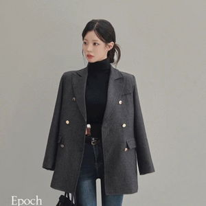에포크 헤링본 핸드메이드 카라넥 골드버튼 어깨패드 하프코트 루즈핏 블레이저 베이직 더블 자켓