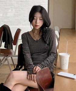 Women's Wool V-Neck Striped Slim Long Sleeve Tee