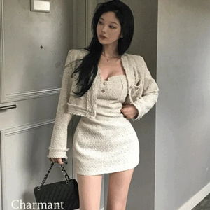 샤르망 트위드 큐빅버튼 캡내장 나시 미니원피스 포켓 수술 크롭 자켓 세트 투피스