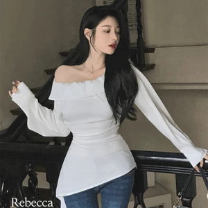리베카 오프숄더 밴딩 트임 허리셔링 사선 프릴 잘록허리 소매핀턱 버튼 긴팔 블라우스