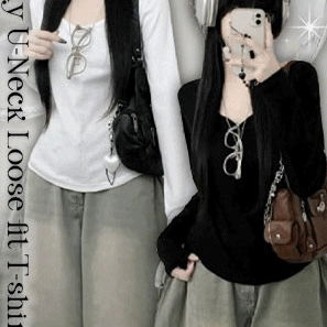 Loose fit Loose-fit round neck plain inner long sleeve T-shirt that covers the back of the hand