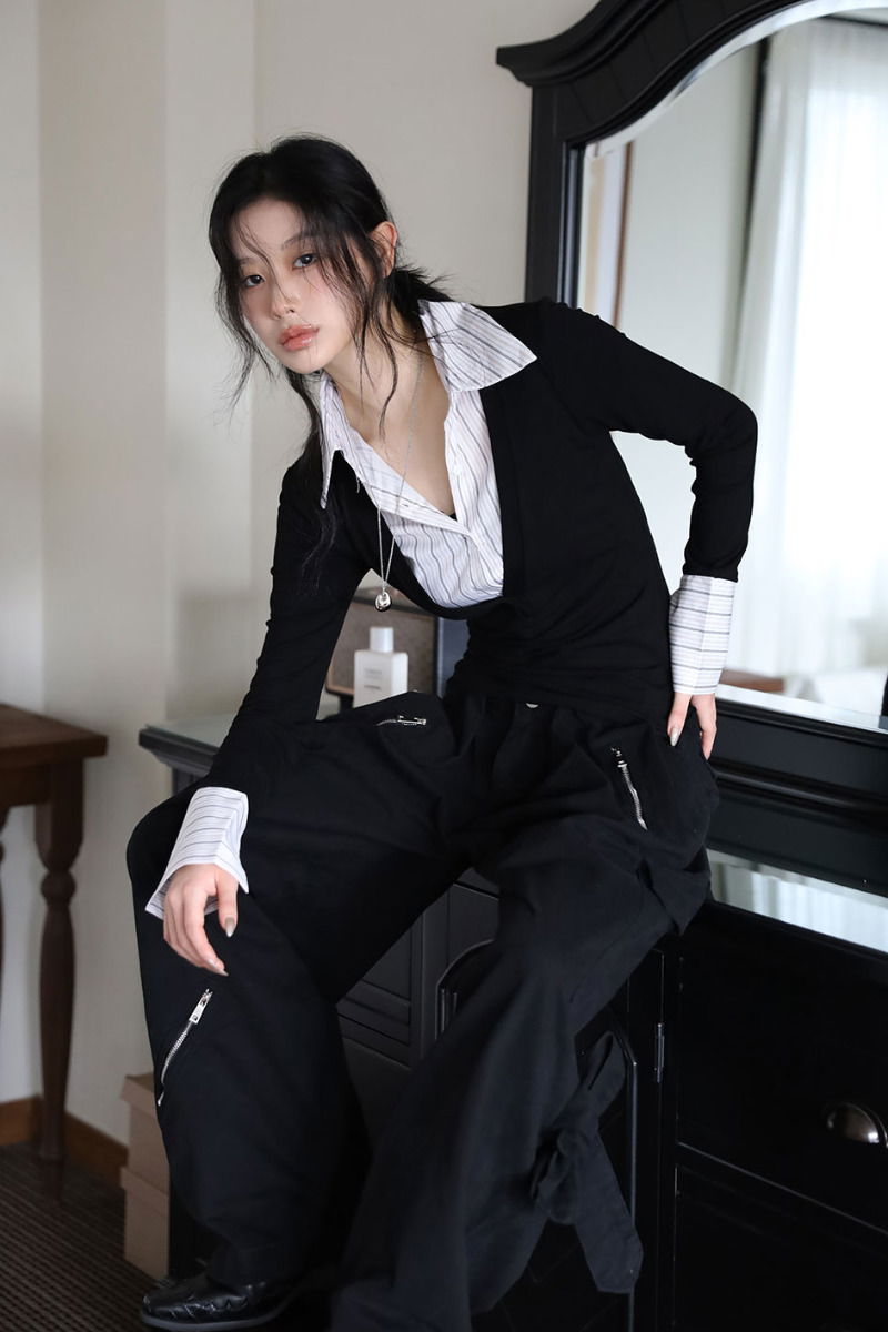 미유 ST 셔츠 브이넥 탑