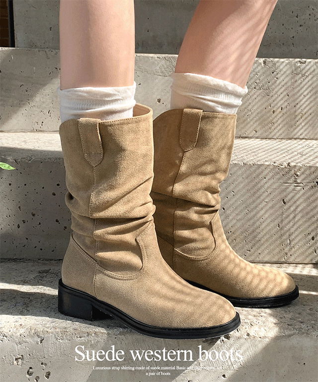 로진 스웨이드 웨스턴 스트랩 셔링 주름 미들 부츠