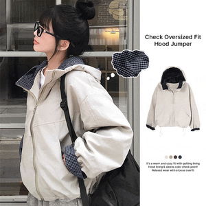 Low-quality comparison cut O cable check color blocking oversized avant hooded zip-up windbreaker Jacket padding