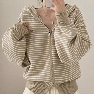 Abang Overfit Pendant Stripe Balloon Two-Way Hooded Knitwear Zip-Up 4 Colors