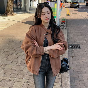 스웨이드 차이나 카라 블루종 점퍼 자켓 노카라 스냅버튼 밴딩 지퍼 포켓 긴팔 바이커